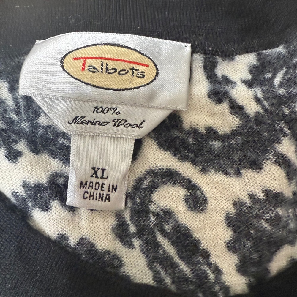 Talbots XL Black White Paisley Print Merino Wool Button FrontCardigan Sweater - Picture 3 of 9